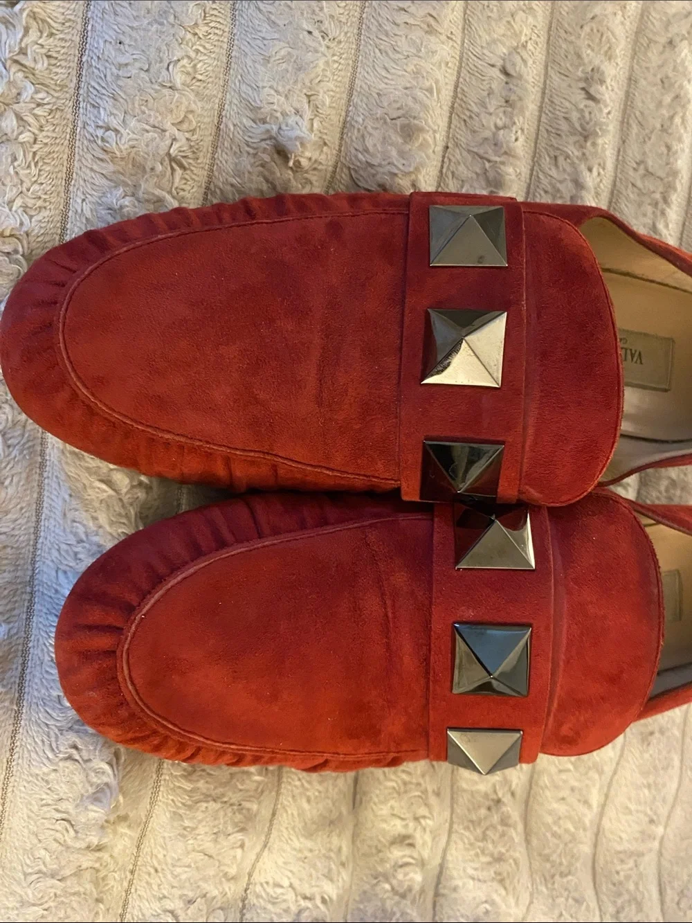Valentino Red Suede Loafers with Pyramid Studs